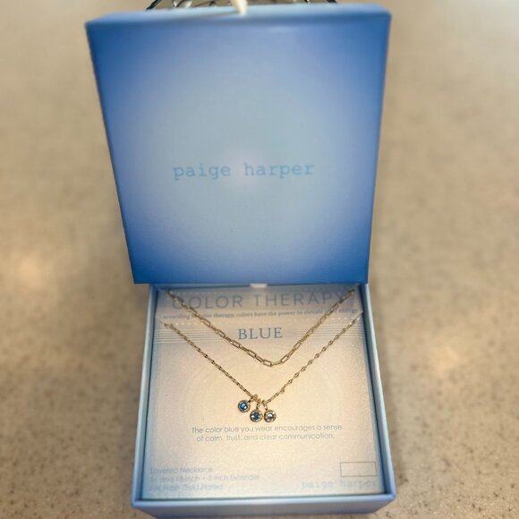 PAIGE HARPER Blue Color Therapy 3 Stone Layered Necklace 14K Gold Plated NIB - Picture 1 of 5